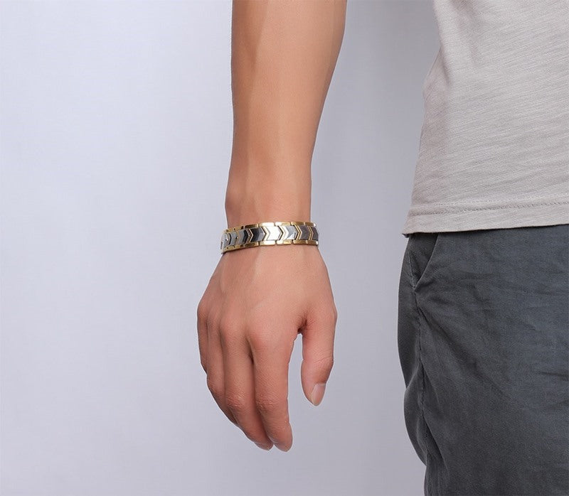 Gold double row magnet bracelet on wrist