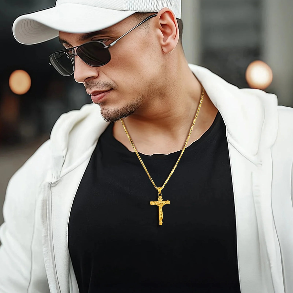 Gold plated cross necklace for men INRI crucifix pendant