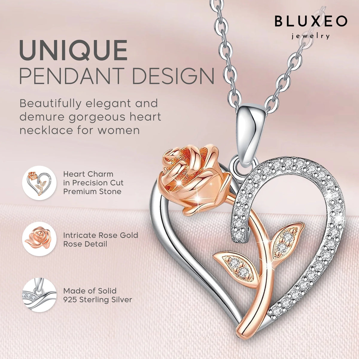 Sterling Silver Rose Heart Necklace for Women – Gift