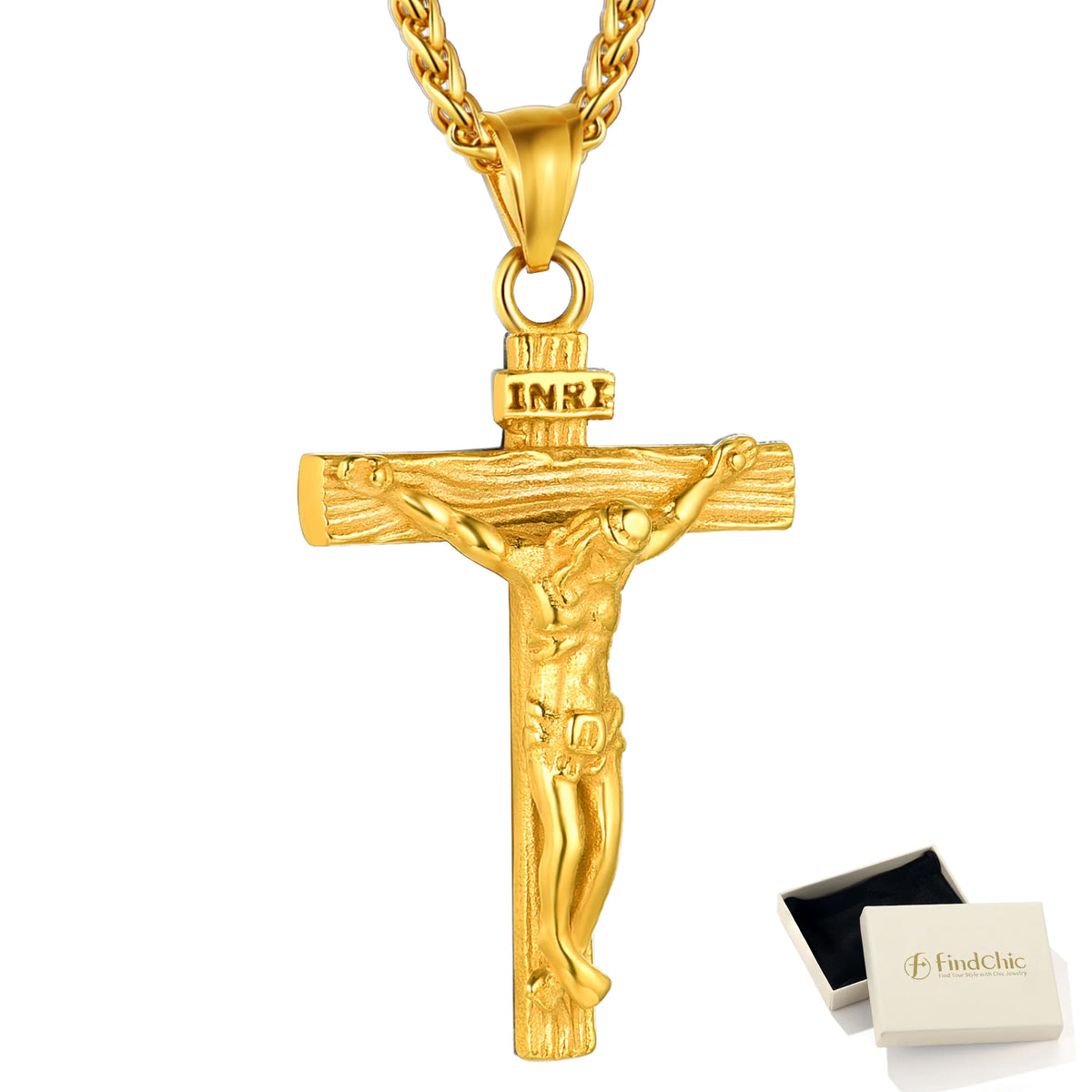 Gold plated cross necklace for men INRI crucifix pendant