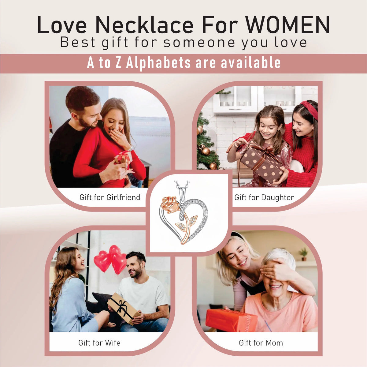 Sterling Silver Rose Heart Necklace for Women – Gift