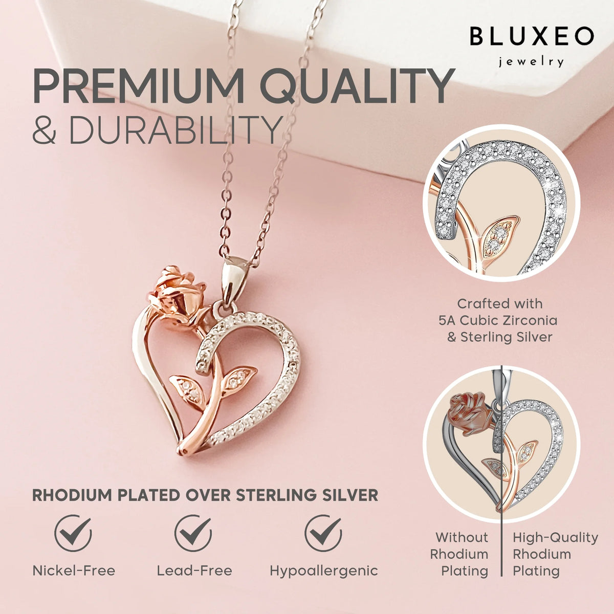 Sterling Silver Rose Heart Necklace for Women – Gift