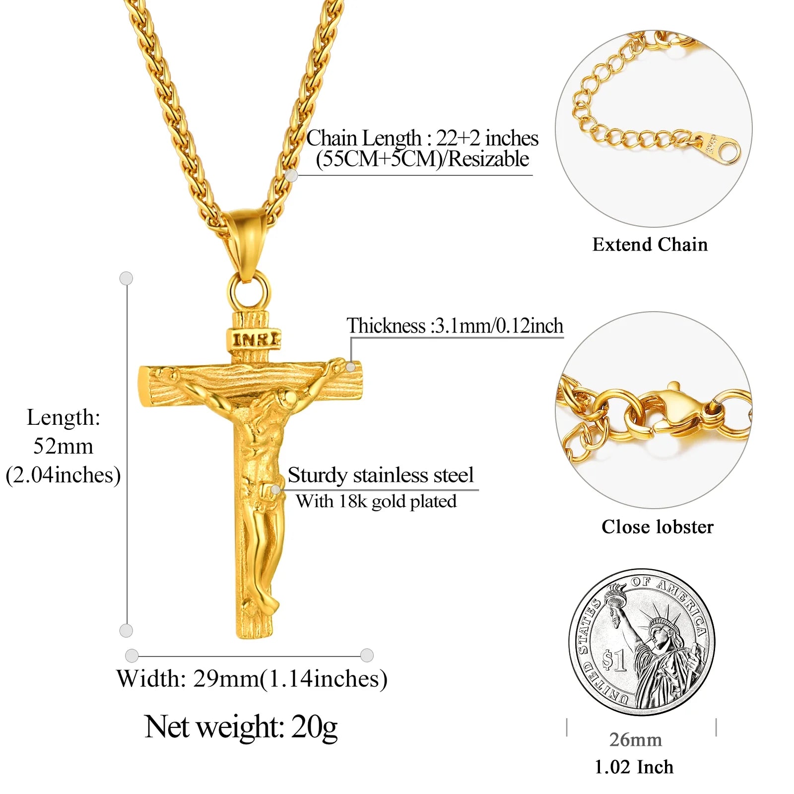 Gold plated cross necklace for men INRI crucifix pendant