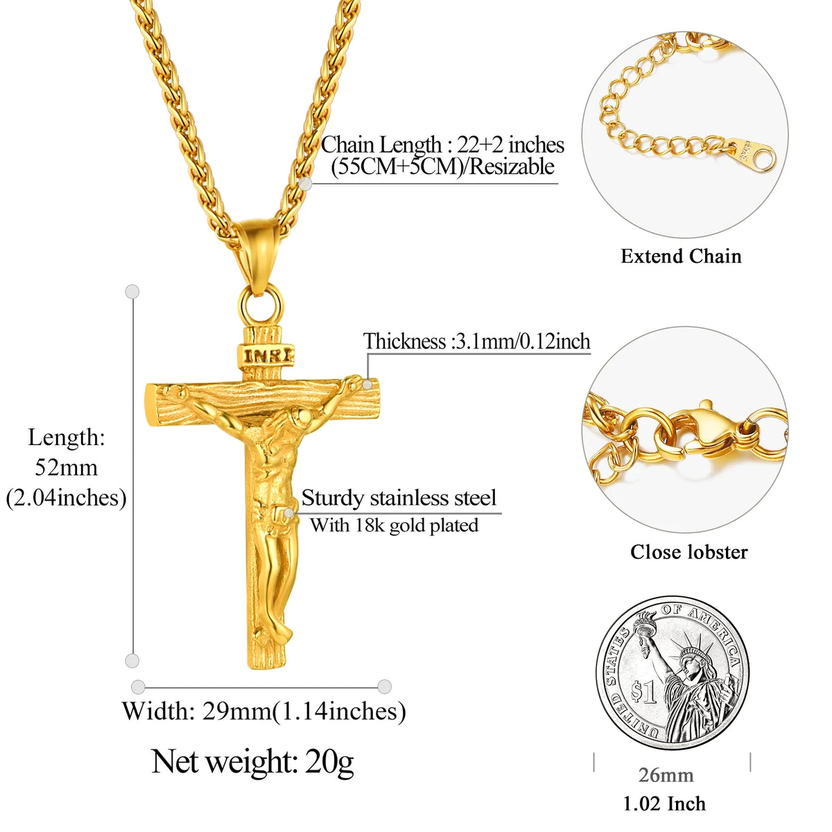Gold plated cross necklace for men INRI crucifix pendant