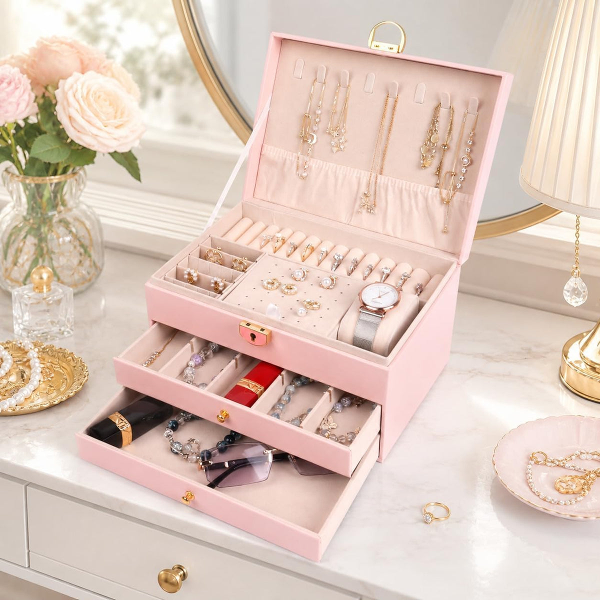 3 Layer Jewelry Box Organizer with Lock for Women