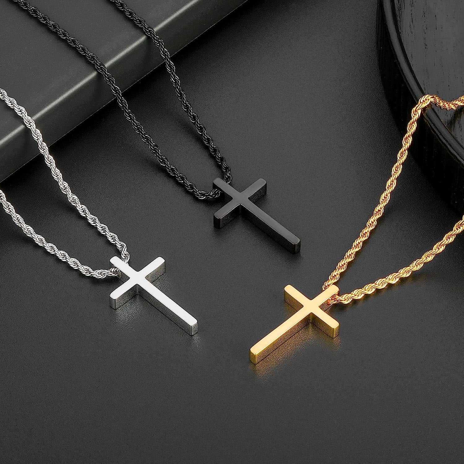 Stainless steel cross necklace for men gold silver black finish detail