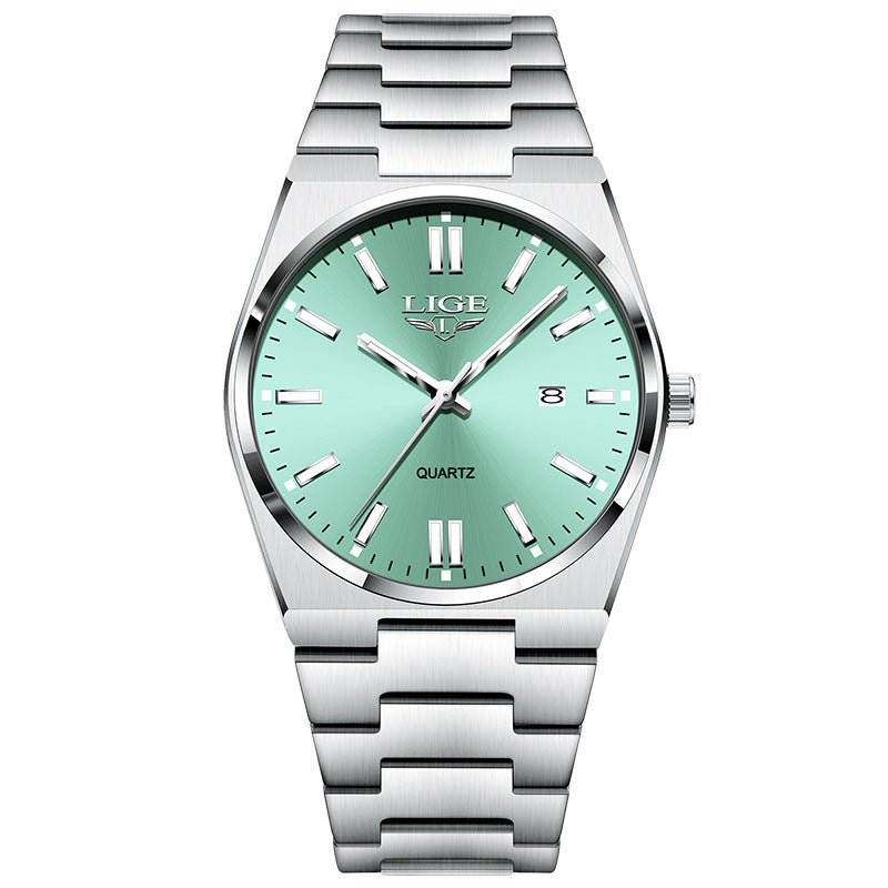 Waterproof luminous quartz calendar wristwatch dial and calendar detail