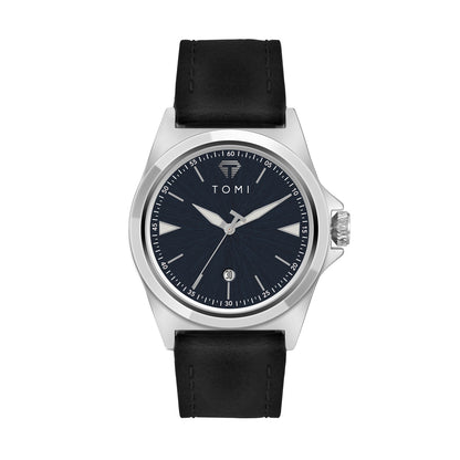 Waterproof leather strap quartz mens watch on wrist