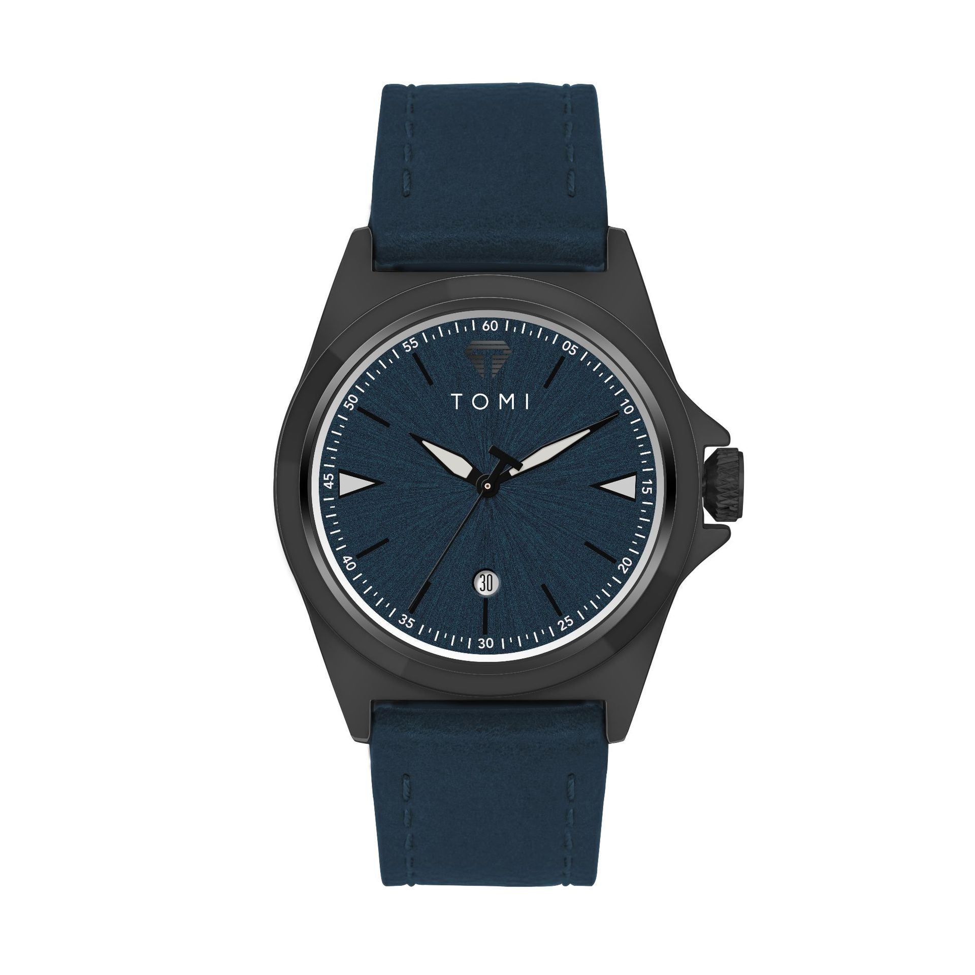 Waterproof leather strap quartz mens watch on wrist