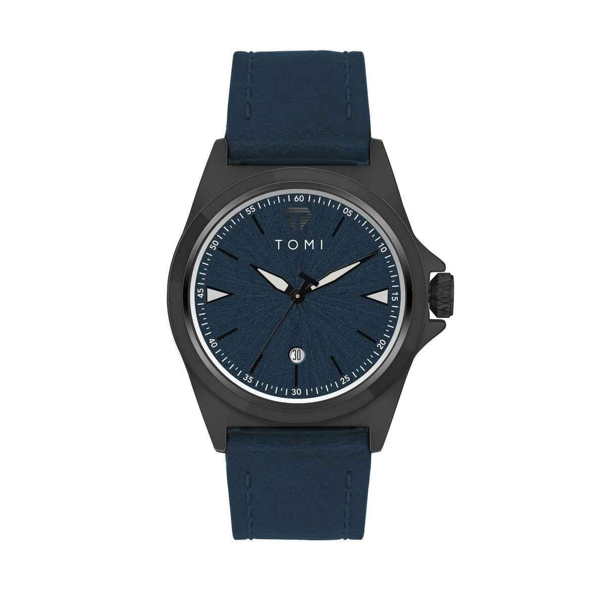 Waterproof leather strap quartz mens watch on wrist