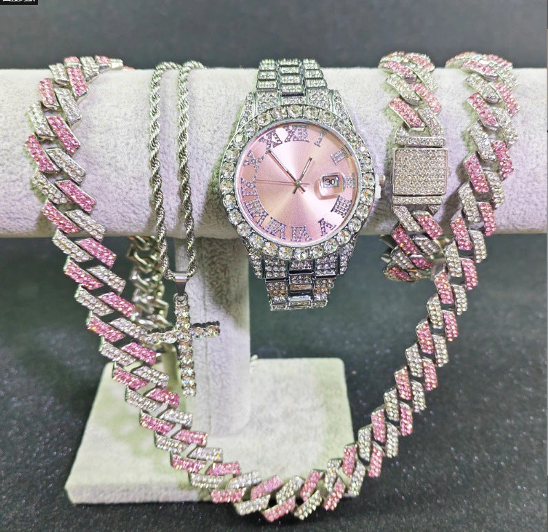Hip hop watch bracelet and necklace set full set view
