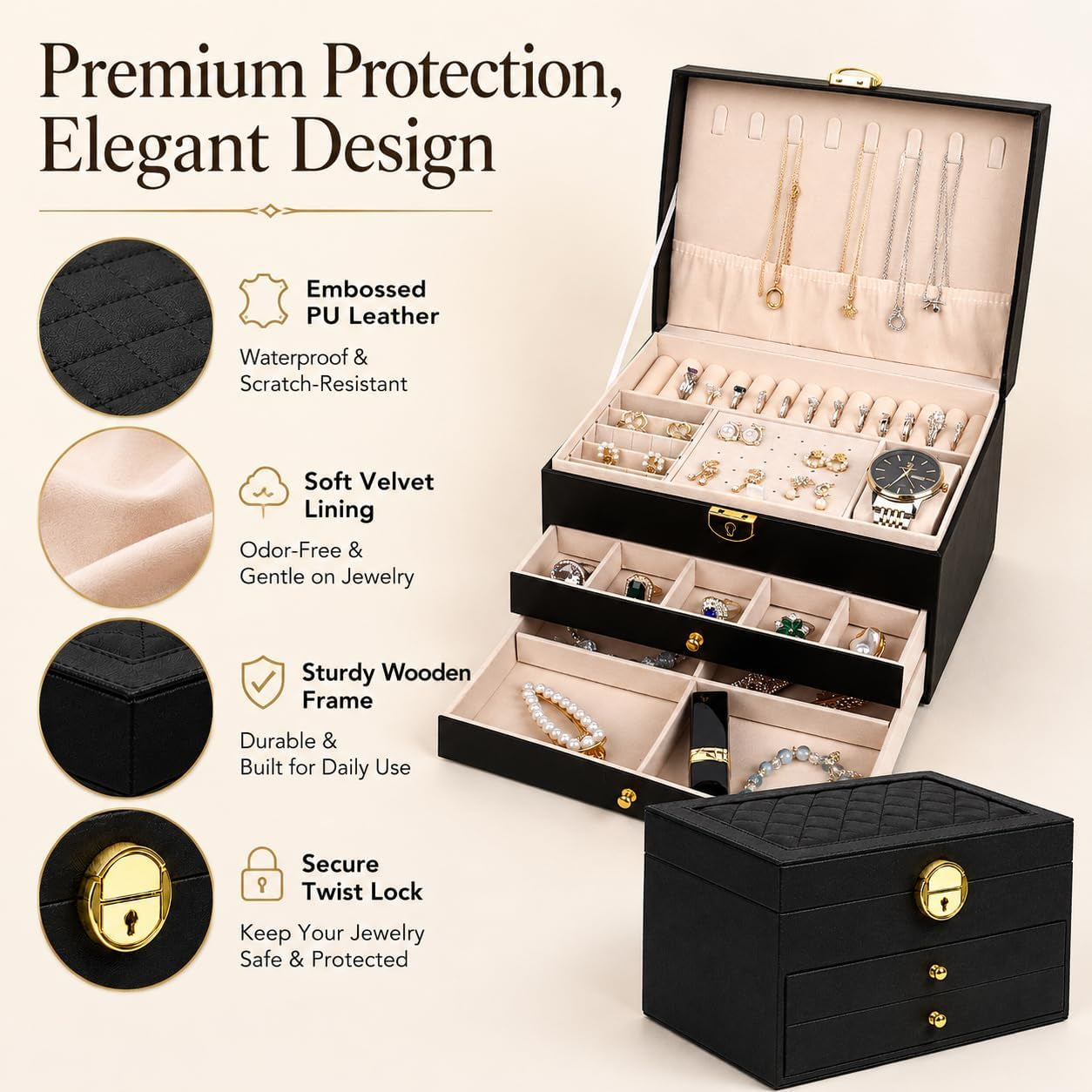 Large leather jewelry organizer box for women two drawers