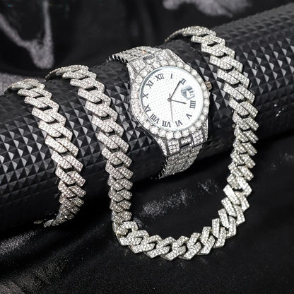 Hip hop watch bracelet and necklace set full set view