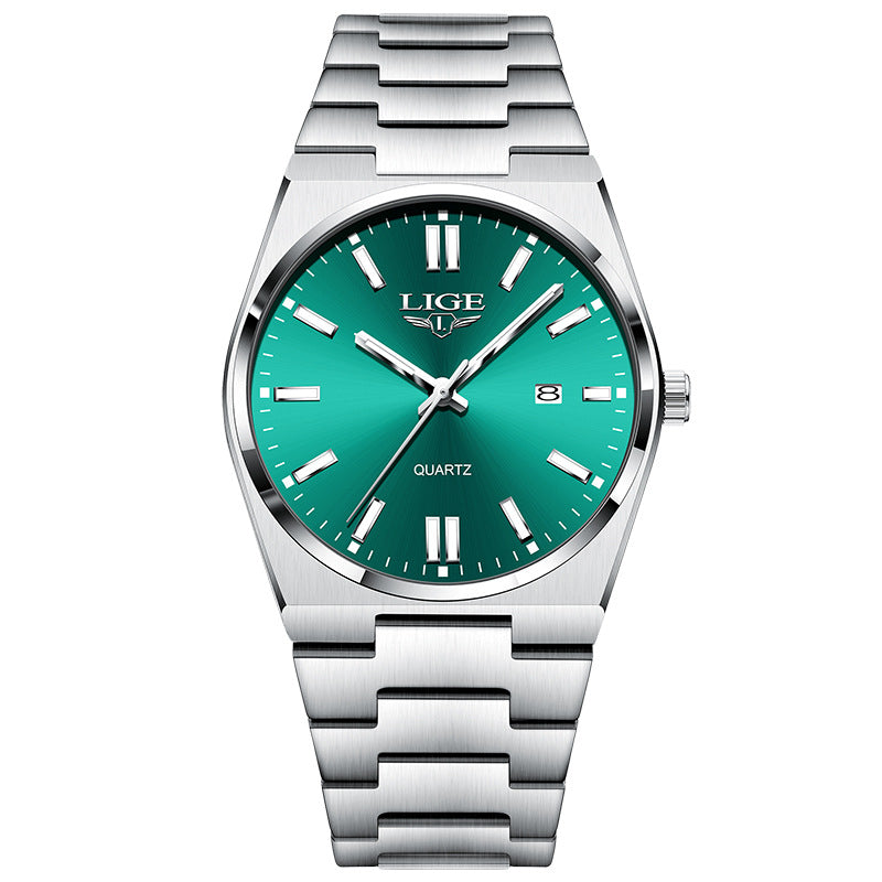 Waterproof luminous quartz calendar wristwatch dial and calendar detail