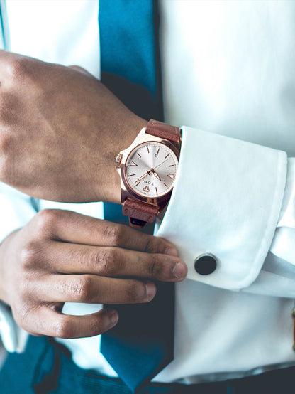 Waterproof leather strap quartz mens watch on wrist