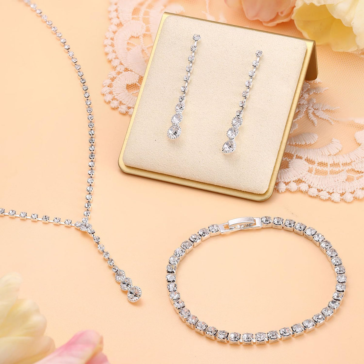 Silver Bridal Jewelry Set for Women Rhinestone Necklace Dangle Earrings Bracelet Set Wedding Jewelry Sets for Brides Bridesmaid Crystal Prom Costume Jewelry Accessories for Women