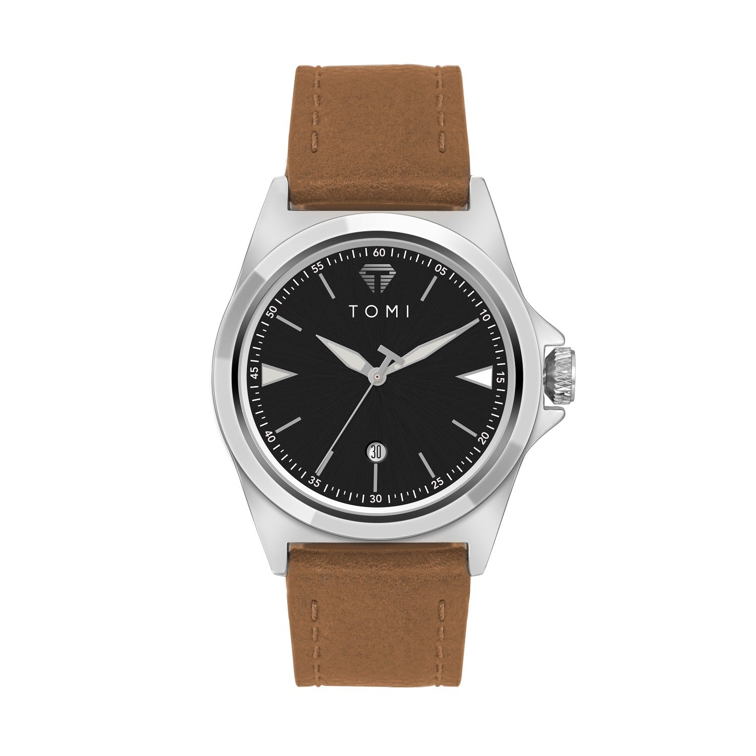 Waterproof leather strap quartz mens watch on wrist