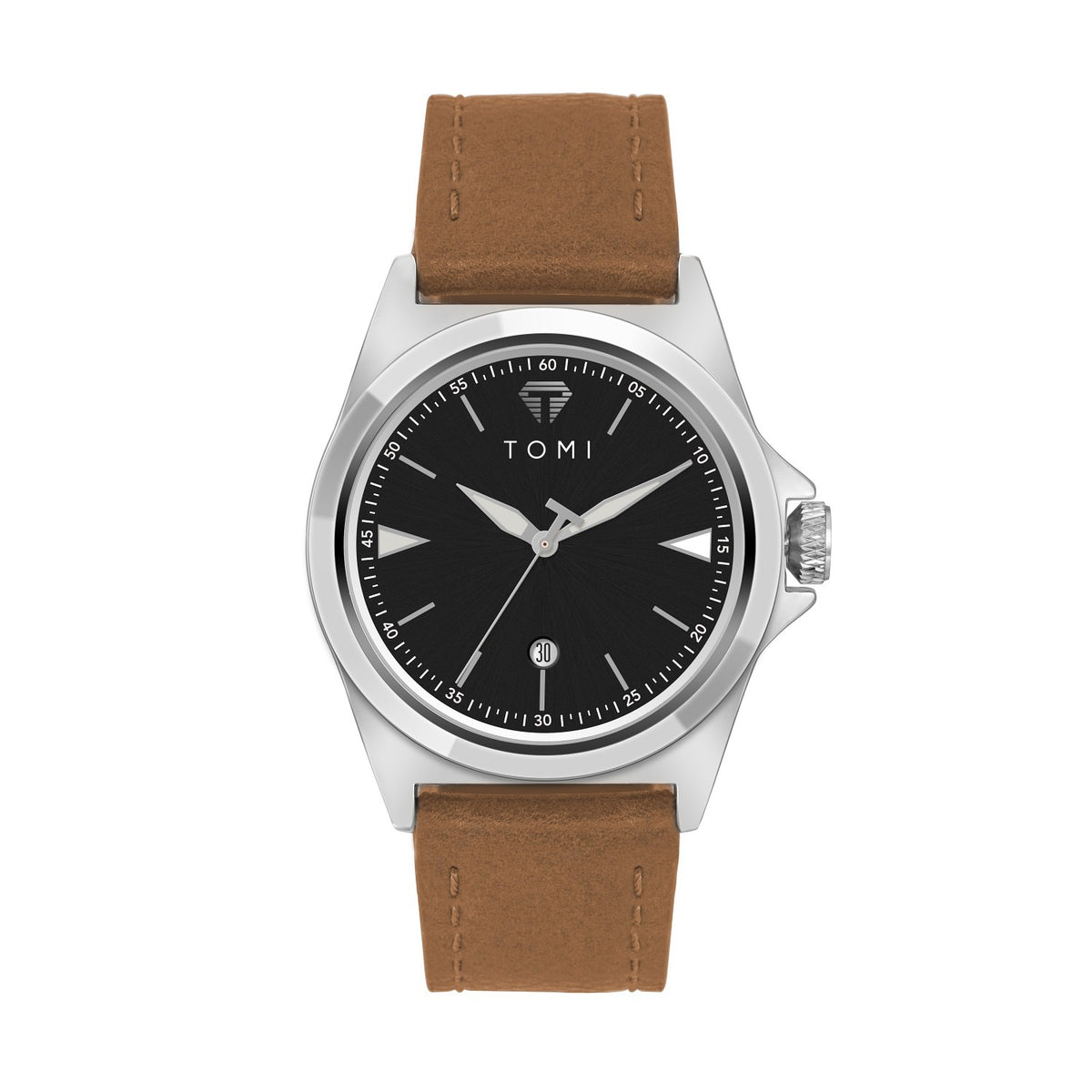 Waterproof leather strap quartz mens watch on wrist