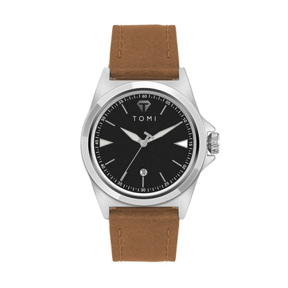 Waterproof leather strap quartz mens watch on wrist