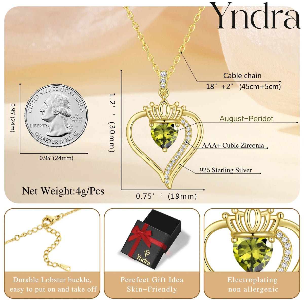 18K gold plated peridot birthstone necklace for women