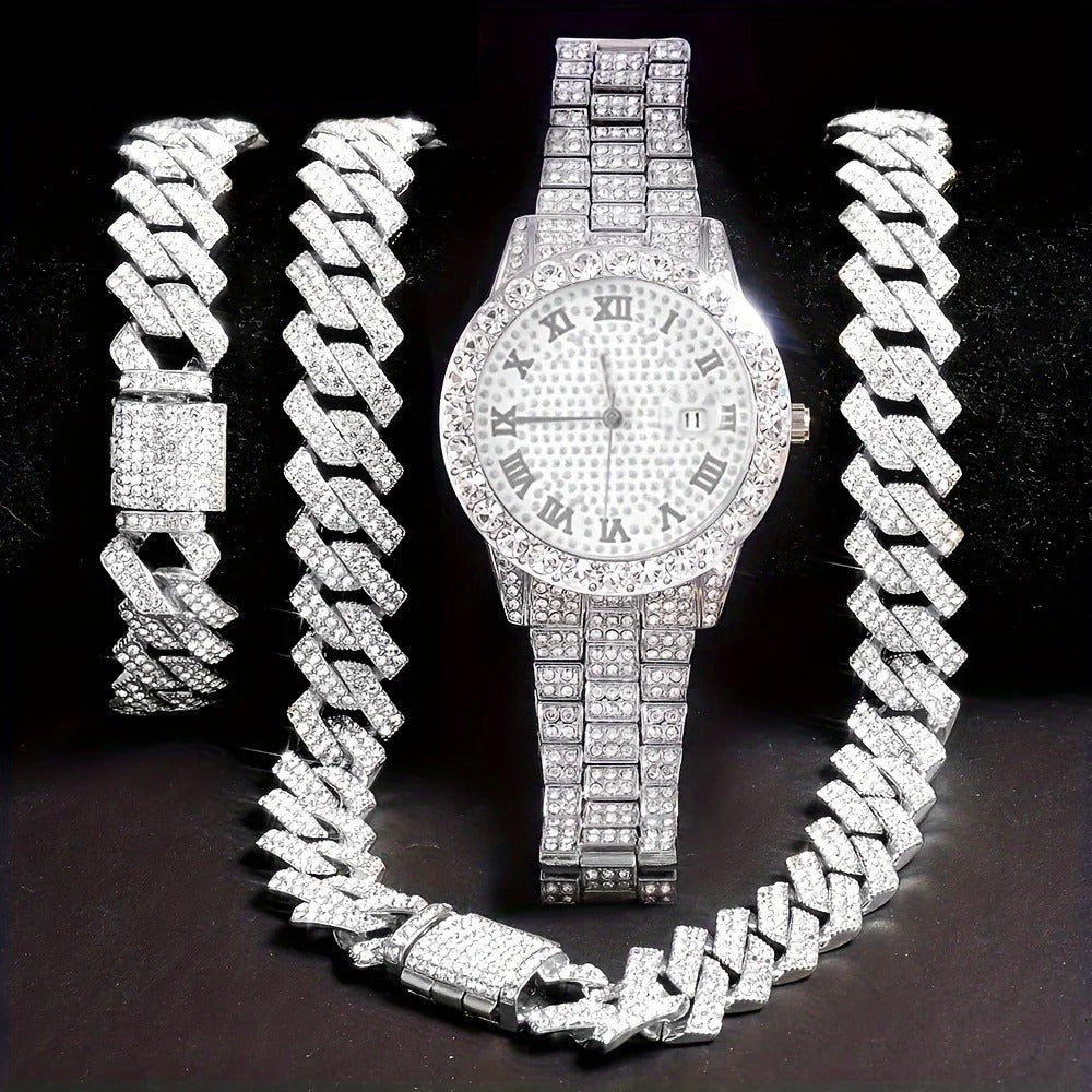 Hip hop watch bracelet and necklace set full set view
