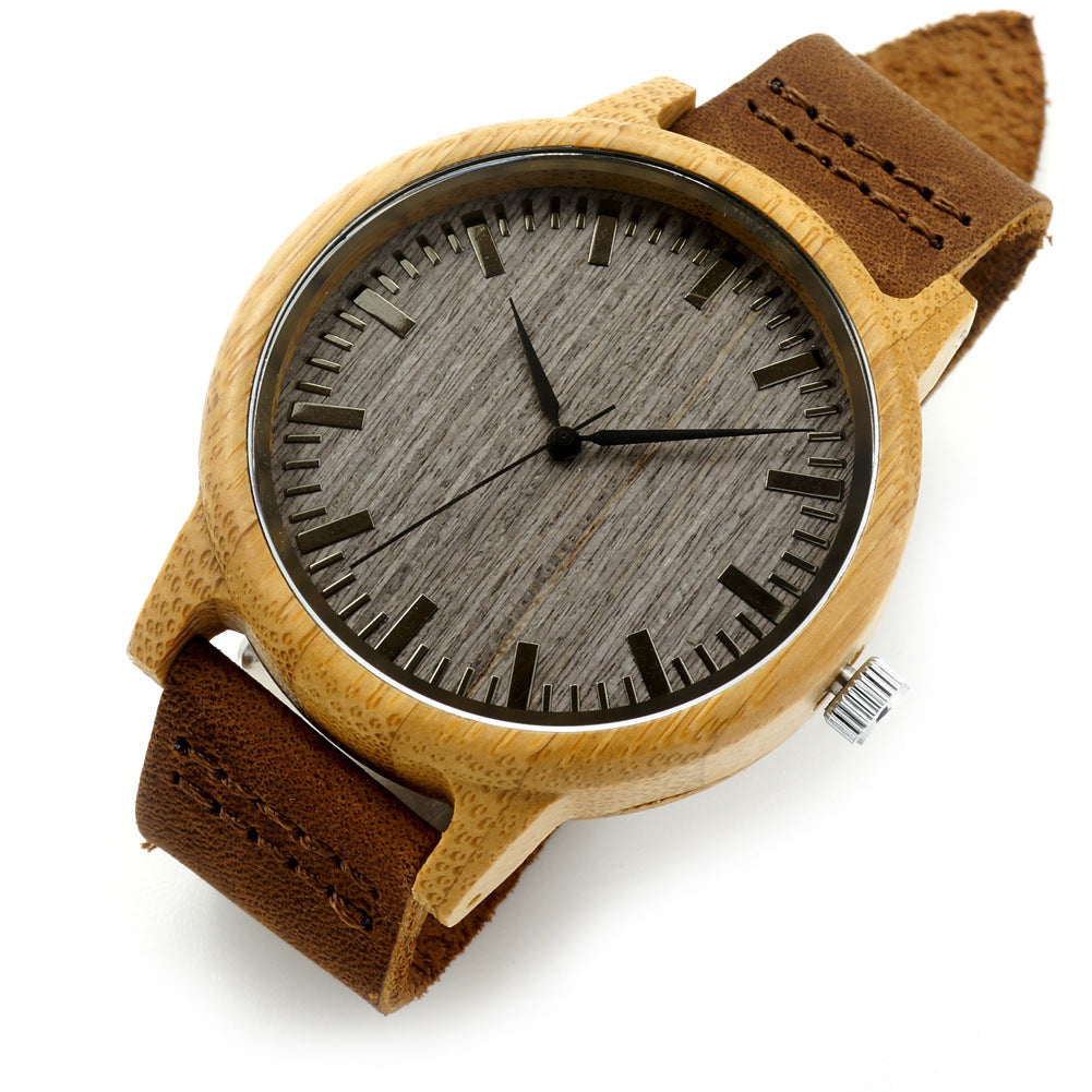 Men's bamboo wooden watch cowhide strap on wrist