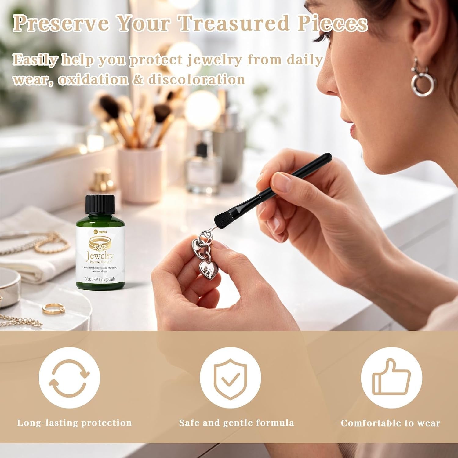 Jewelry protective coating anti tarnish kit being applied to necklace