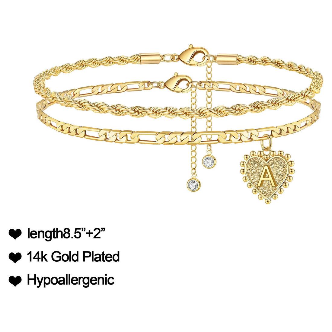 Initial ankle bracelet for women gold heart charm and letter 