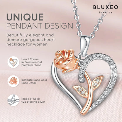 Sterling Silver Rose Heart Necklace for Women – Gift