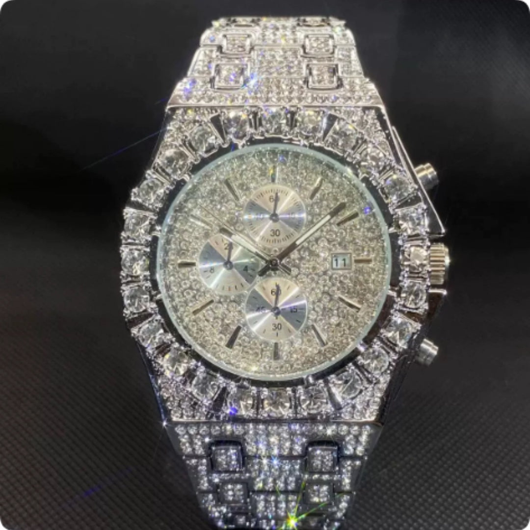 Men's diamond-encrusted luxury watch dial and bezel detail
