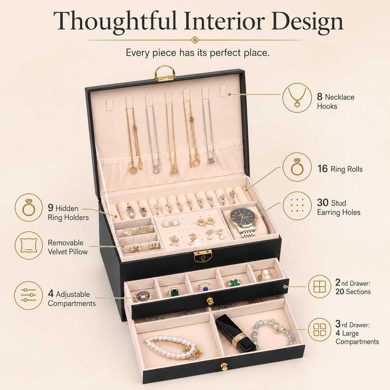 Large leather jewelry organizer box for women two drawers