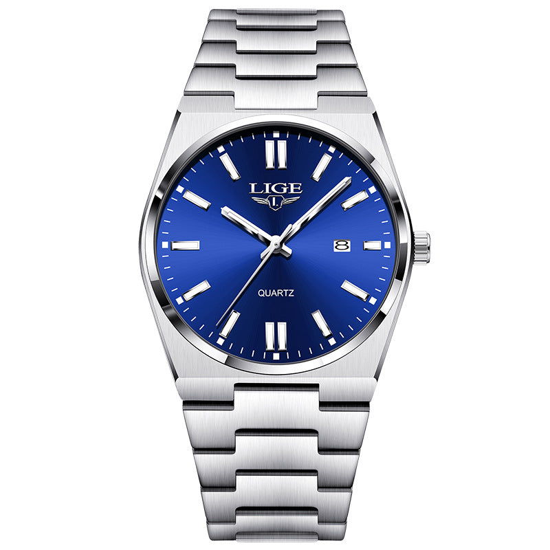Waterproof luminous quartz calendar wristwatch dial and calendar detail