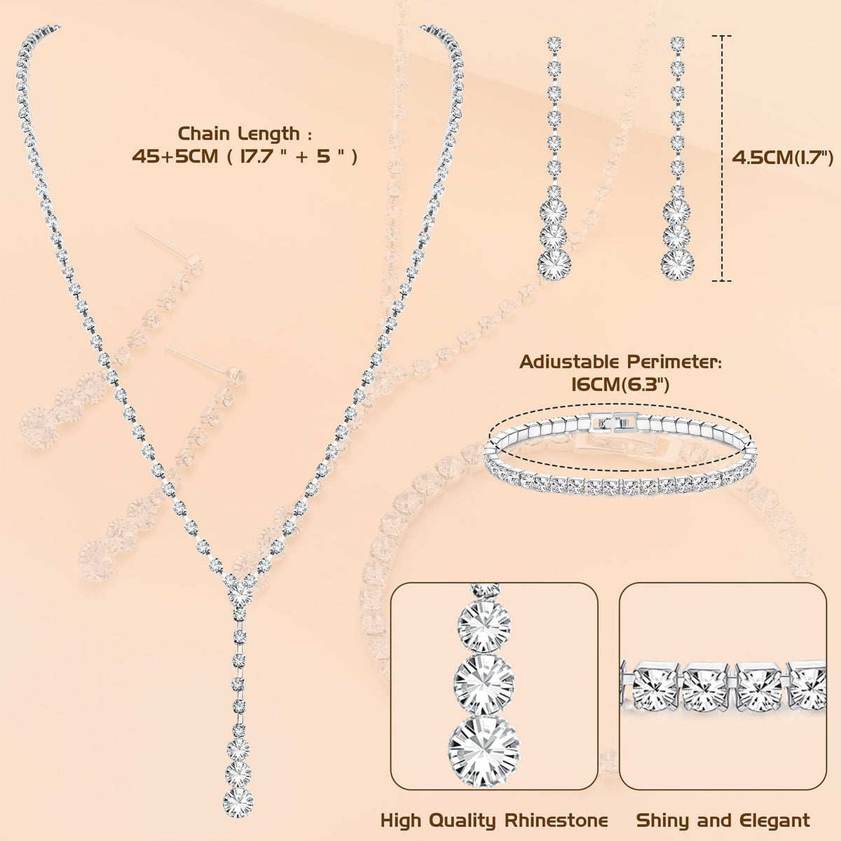 Silver Bridal Jewelry Set for Women Rhinestone Necklace Dangle Earrings Bracelet Set Wedding Jewelry Sets for Brides Bridesmaid Crystal Prom Costume Jewelry Accessories for Women
