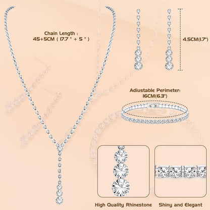 Silver Bridal Jewelry Set for Women Rhinestone Necklace Dangle Earrings Bracelet Set Wedding Jewelry Sets for Brides Bridesmaid Crystal Prom Costume Jewelry Accessories for Women