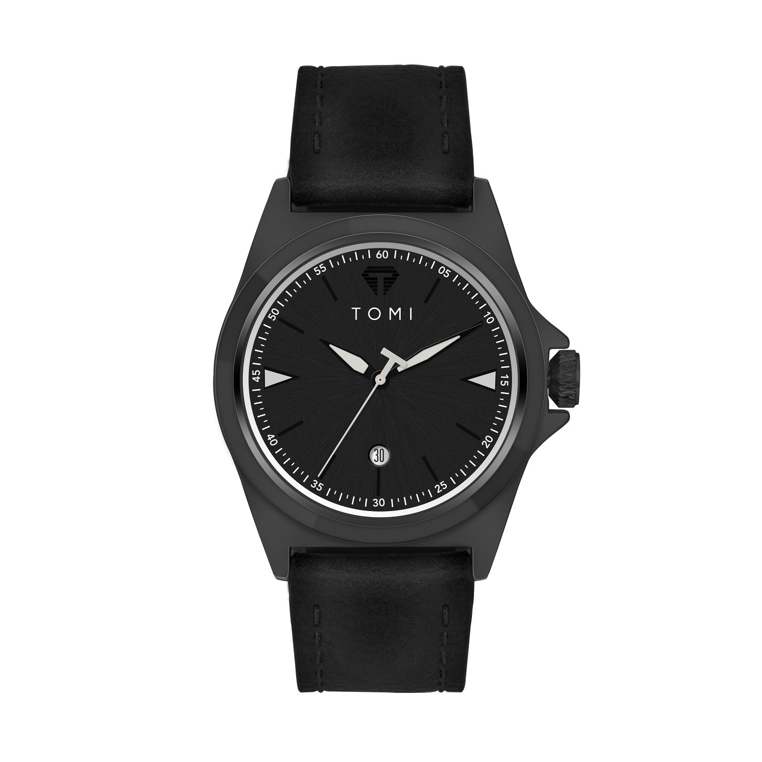 Waterproof leather strap quartz mens watch on wrist