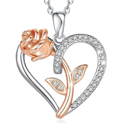Sterling Silver Rose Heart Necklace for Women – Gift