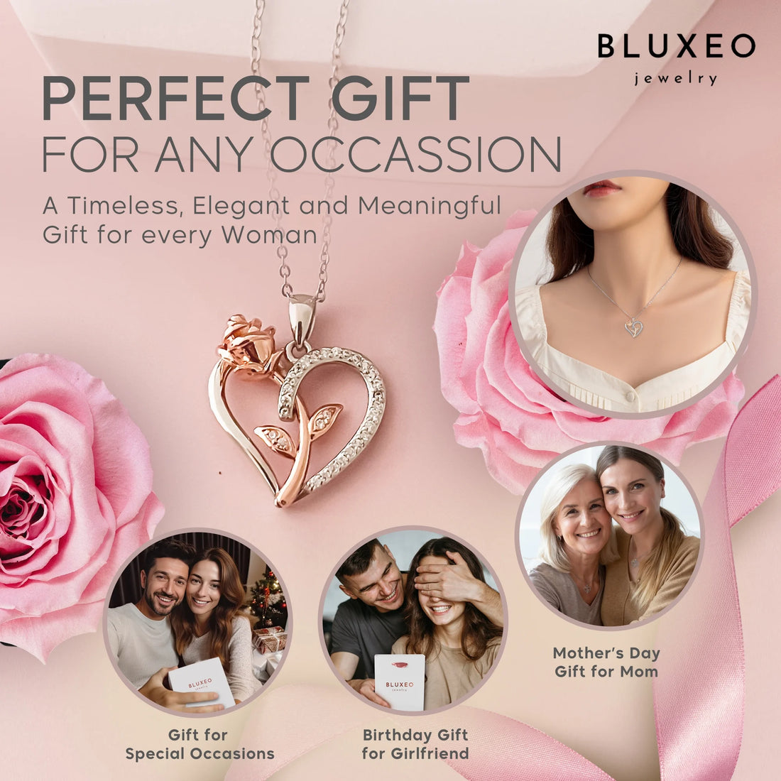 Sterling Silver Rose Heart Necklace for Women – Gift