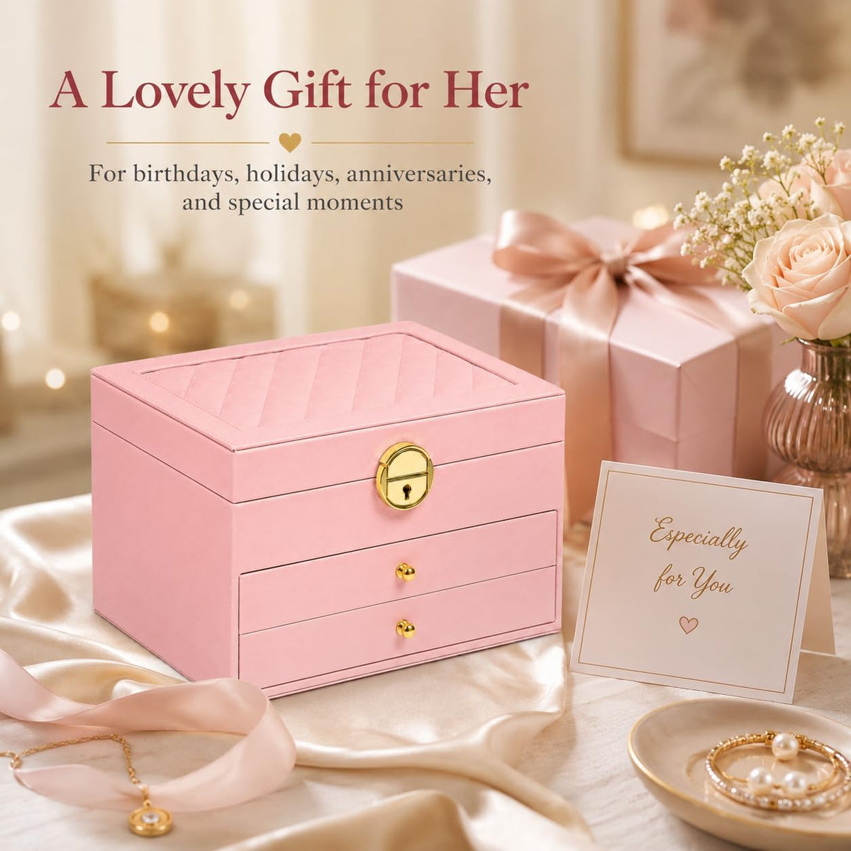 3 Layer Jewelry Box Organizer with Lock for Women