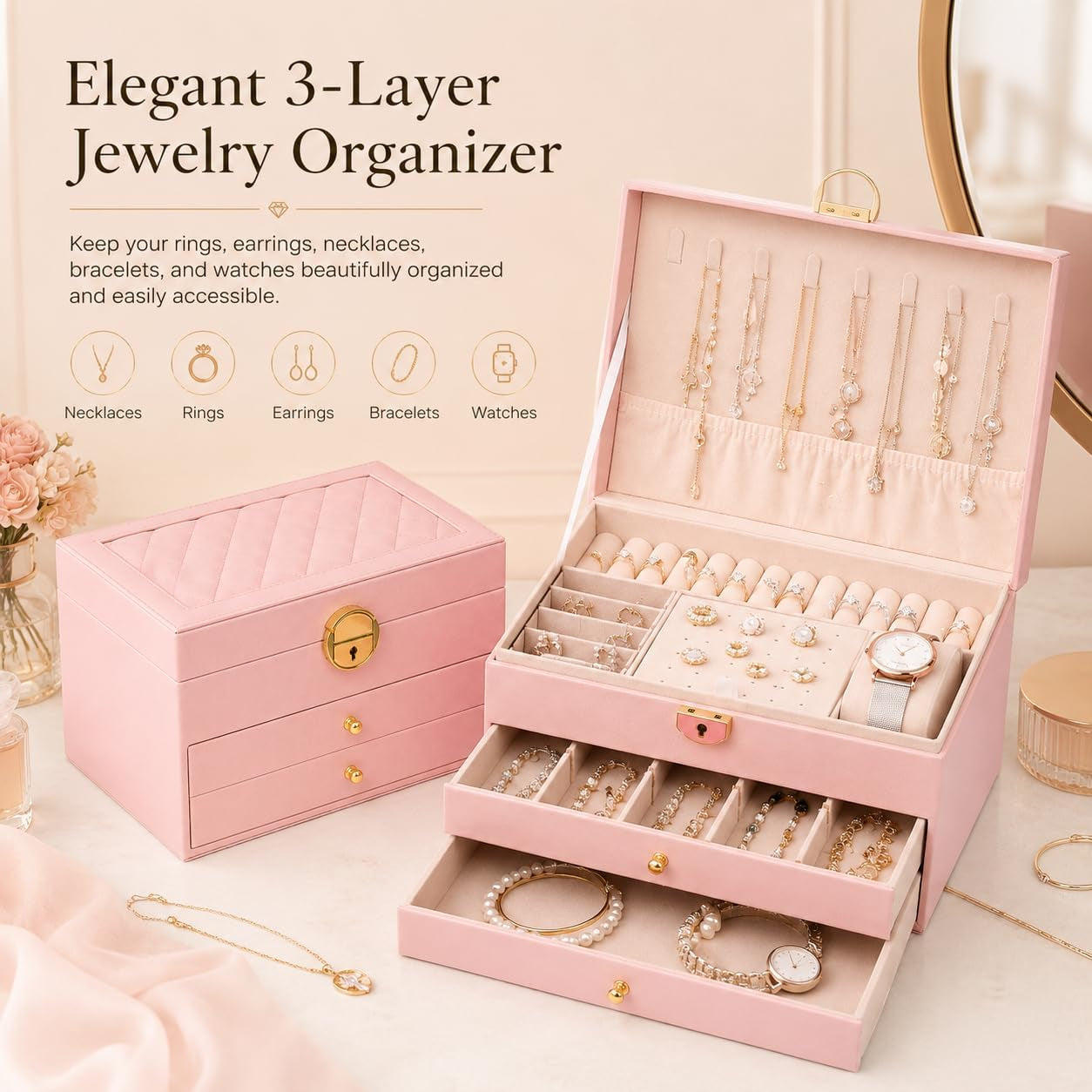 3 Layer Jewelry Box Organizer with Lock for Women