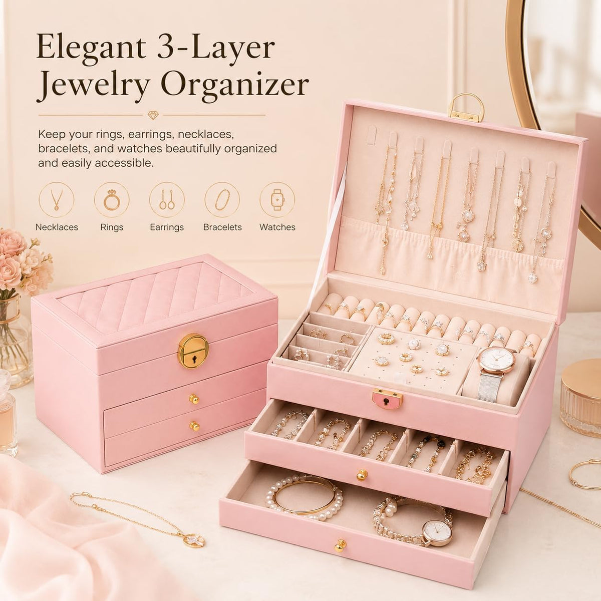 3 Layer Jewelry Box Organizer with Lock for Women