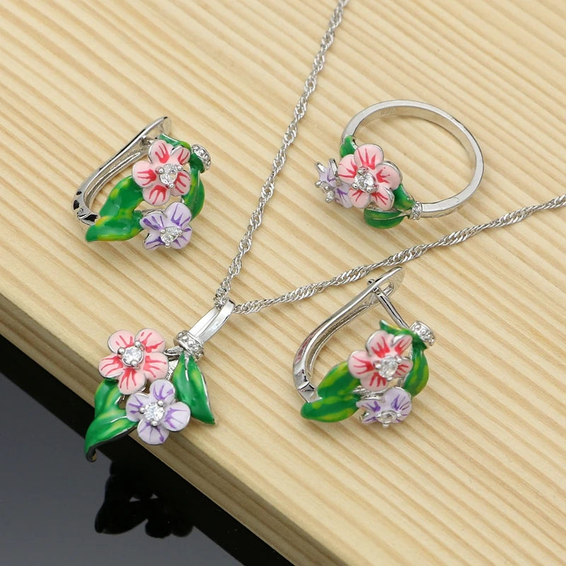 Vintage Jewelry Sets Purple Enamel Orchids 925 Sterling Silver Earrings Ring for Women
