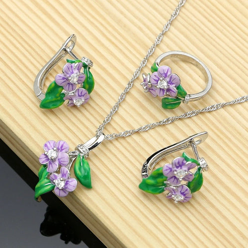 Vintage Jewelry Sets Purple Enamel Orchids 925 Sterling Silver Earrings Ring for Women