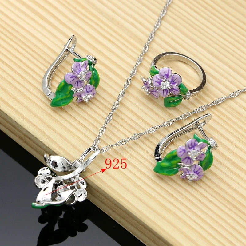 Vintage Jewelry Sets Purple Enamel Orchids 925 Sterling Silver Earrings Ring for Women