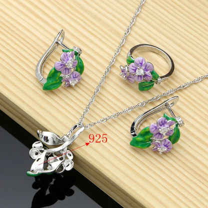 Vintage purple enamel orchid sterling silver jewelry set enamel 