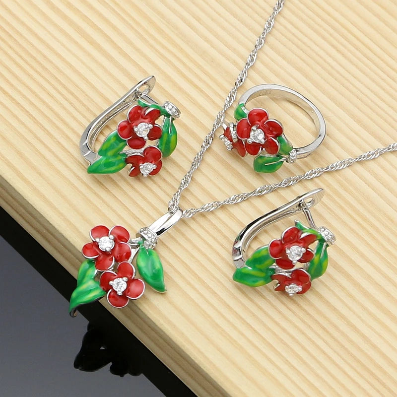 Vintage Jewelry Sets Purple Enamel Orchids 925 Sterling Silver Earrings Ring for Women