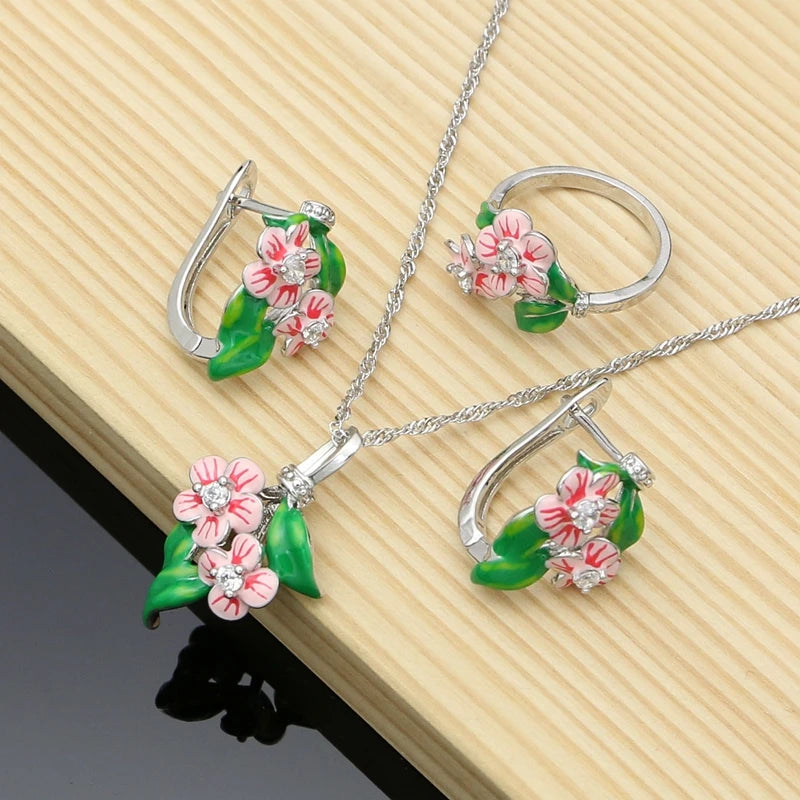 Vintage Jewelry Sets Purple Enamel Orchids 925 Sterling Silver Earrings Ring for Women