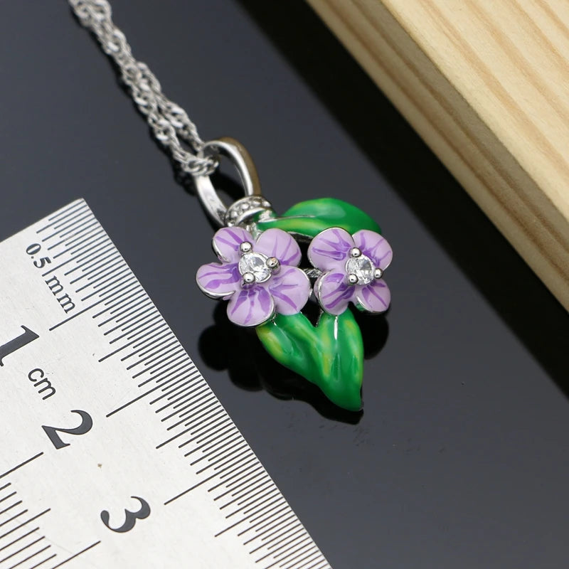 Vintage Jewelry Sets Purple Enamel Orchids 925 Sterling Silver Earrings Ring for Women
