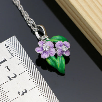 Vintage purple enamel orchid sterling silver jewelry set enamel 