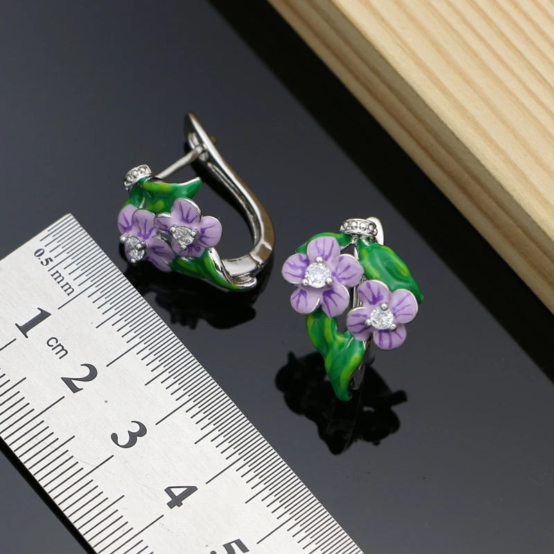 Vintage Jewelry Sets Purple Enamel Orchids 925 Sterling Silver Earrings Ring for Women