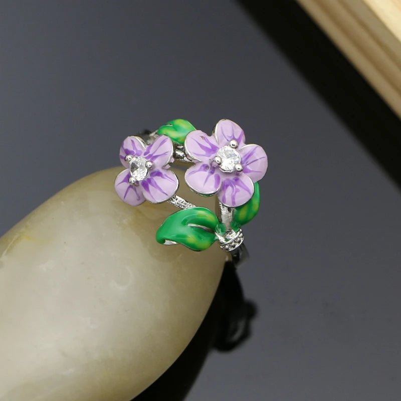 Vintage Jewelry Sets Purple Enamel Orchids 925 Sterling Silver Earrings Ring for Women
